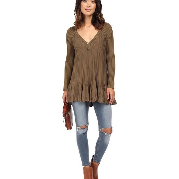 Free People "Ribs and Ruffles" Brown V-Neck Tunic Size M EUC!!! - Picture 1 of 6